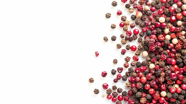 Isolated pink and red peppercorns with white background and space for text packaging idea close up shot
