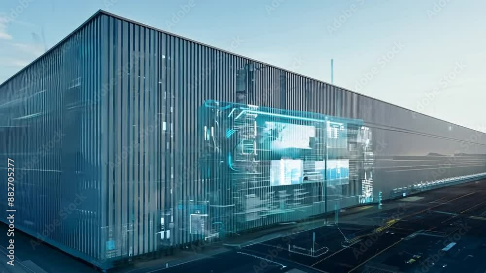 Poster digital overlay on modern factory building generative ai