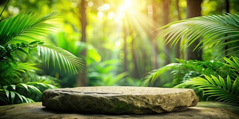 Rock podium of advertising product with tropical forest background, rock, podium, advertising, product, landscape