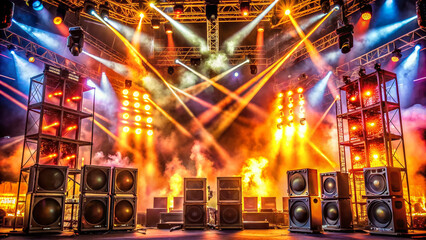 Blazing stage lights illuminate towering speakers and amplifiers as distorted guitar riffs reverberate through the venue, electrifying the atmosphere with intense sonic energy.