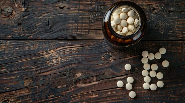 Levodopa tablets in a bottle viewed from the top with space for text