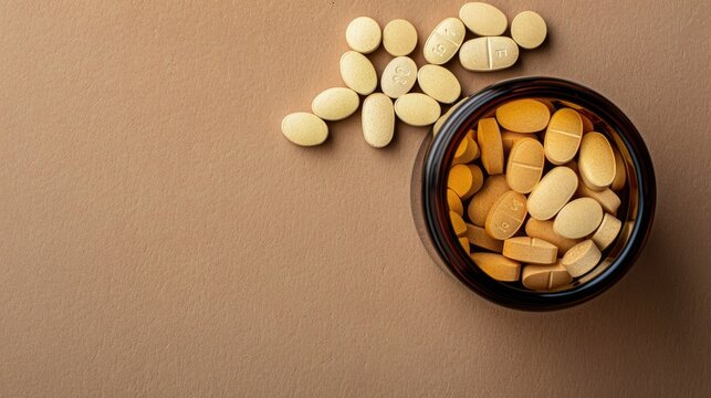 Levodopa tablets in a bottle viewed from the top with space for text