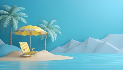 Obraz premium Summer vacation background beach umbrella realistic illustration on chair, summer promotion sale , banner, website,3d rendering