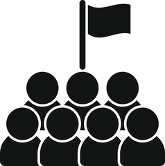 Group of people standing together under a flag, representing teamwork and the achievement of a common goal
