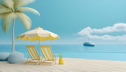 Summer vacation background beach umbrella realistic illustration on chair, summer promotion sale , banner, website,3d rendering