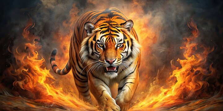 Fiery painting of a fierce tiger in aggressive stance , Tiger, painting, fiery, orange, red eyes, danger, power, aggressive
