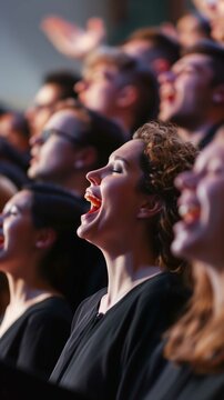 A vibrant and emotional scene of a choir singing passionately. The image primarily focuses on a young woman with curly hair in the foreground, who appears to be immersed in the song. Her eyes are clos