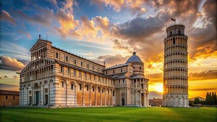 Leaning Tower of Pisa under soft afternoon light next to Pisa Cathedral, Pisa, Italy, landmark, iconic