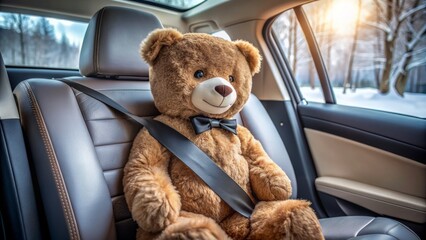 Cuddly plush teddy bear securely fastened with seatbelt in sleek electric vehicle's backseat, perfect winter driving companion.