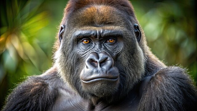 Majestic gorilla staring directly at the camera, wildlife, nature, animal, primate, powerful, intense, gaze, jungle, portrait