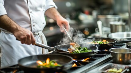 A professional chef is actively cooking in a commercial kitchen. The chef, dressed in a crisp, white chef&rsquo;s coat, is using tongs to handle food in several sizzling frying pans placed on a stove with o