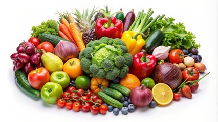 Fresh assorted colorful vegetables and fruits arranged in a circular composition on a clean isolated white background for website.
