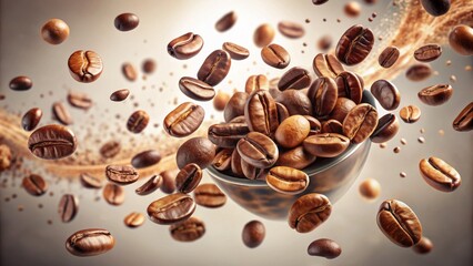 Obraz premium Whimsical abstract concept featuring swirling coffee beans in mid-air, gently colliding and floating against a transparent background.