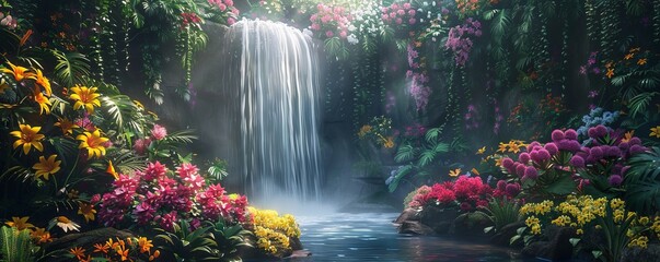 Naklejka premium A secret garden hidden behind a waterfall, its paths winding through a maze of colorful flowers and exotic plants.