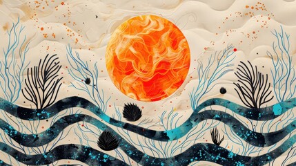 Abstract art featuring a prominent orange shape surrounded by playful black aquatic plants on a beige background with blue wavy lines.