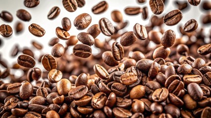 Obraz premium Coffee beans suspended mid-air, rotating and bouncing off each other in slow motion, against a transparent background, in chaotic harmony.