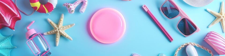 Abstract Wallpaper Featuring a Central Pink Neon Circle with Copy Space, Surrounded by Various Summer Beach Vacation Items on a Light Blue Background. AI-Generated Design for Commercial Advertising, E