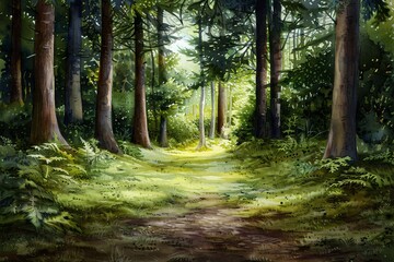 Obraz premium Peaceful forest pathway bathed in sunlight, surrounded by lush green trees and foliage, offering a serene nature experience.