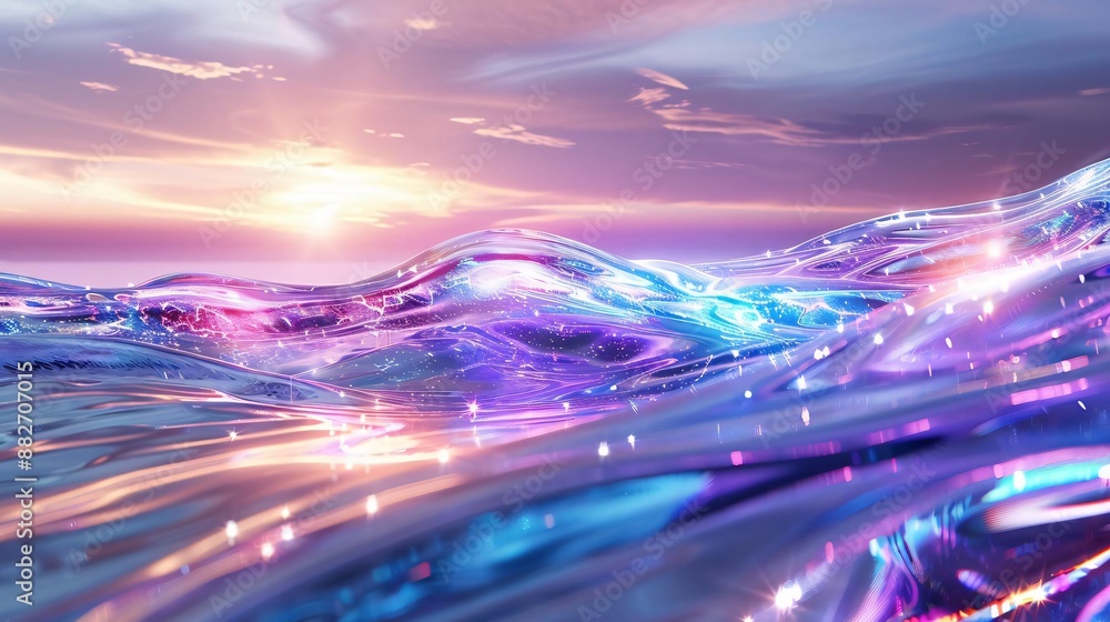 Poster Vibrant sunset over abstract waves with reflections of light, creating a mesmerizing and ethereal seascape in a digital art style.