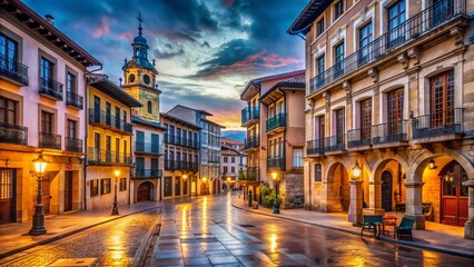 Fototapeta premium Vibrant evening scene of Oviedo's ancient town, adorned with twinkling lights, majestic historic buildings, and serene cobblestone streets in Asturias.