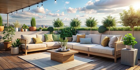 Fototapeta premium Cozy seating area with cushions and plants on a rooftop terrace, rooftop, terrace, seating area, cozy, cushions, plants, outdoor