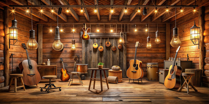 Rustic wooden stage with lanterns, vintage guitars, and band equipment, evoking warm, lively atmosphere, perfect for energetic country music performances and lively line dancing.