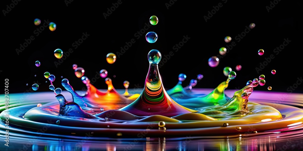 Sticker Colorful water drops on black background, water, drops, colorful, black, background, abstract, vibrant, liquid, close-up