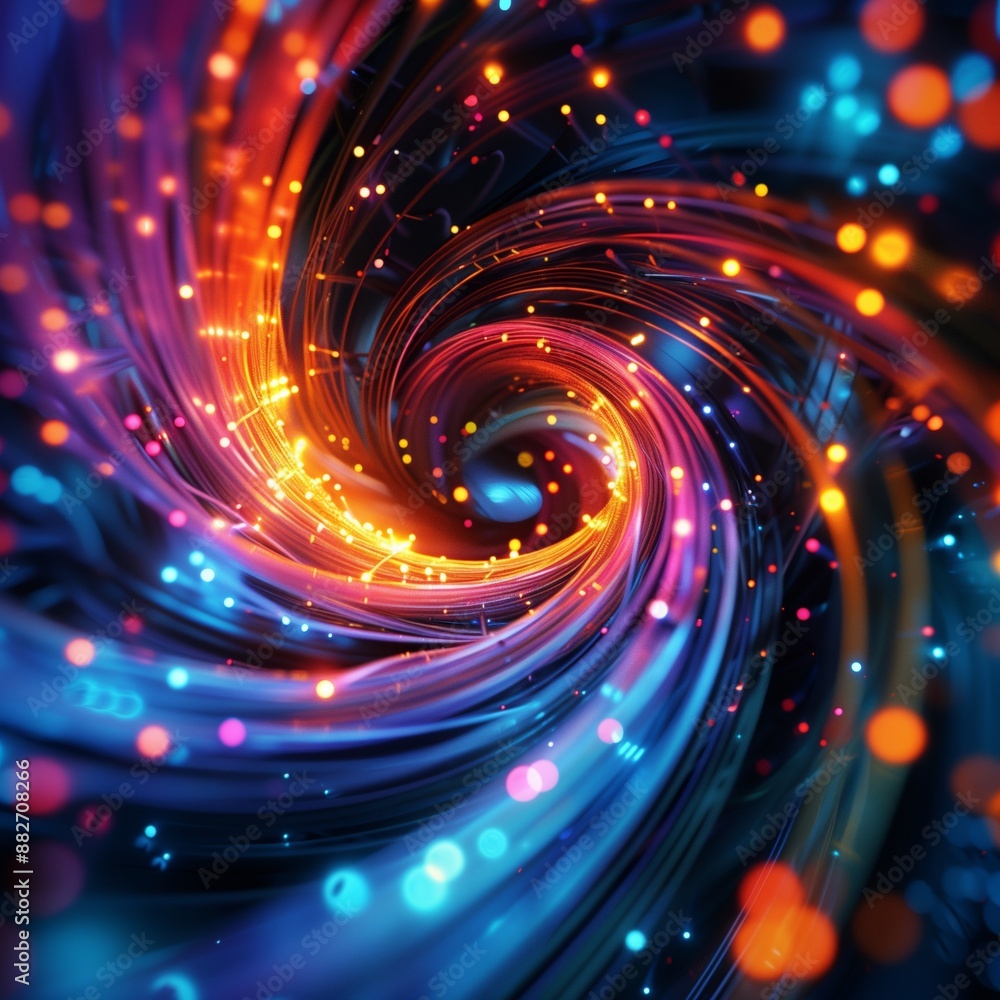 Poster abstract digital spiral with vibrant blue and orange light trails creating a dynamic and captivating
