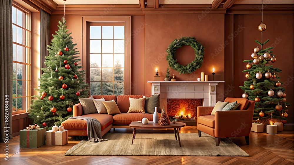 Poster Cozy terra cotta living room adorned with festive Christmas decorations, Christmas, decorations, holiday, cozy, home