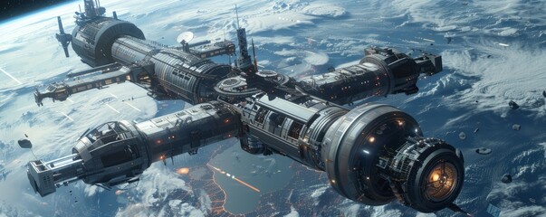 Fototapeta premium A sleek spaceship docking at a futuristic space station, representing humanity's journey into the cosmos.
