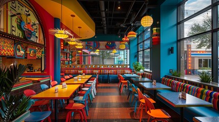 Fototapeta premium Family-friendly restaurant with colorful decor, playful atmosphere, and tables set for group dining