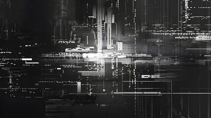 code glitch effect screen in grayscale, front view, flat