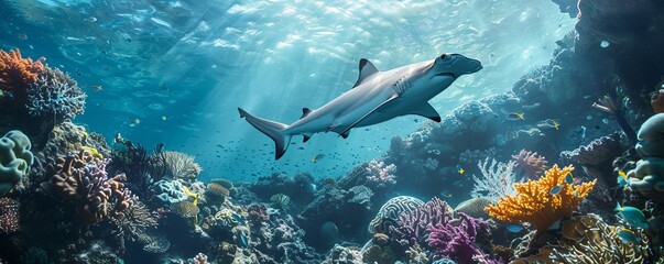 Majestic hammerhead shark patrolling the reef, 4K hyperrealistic photo
