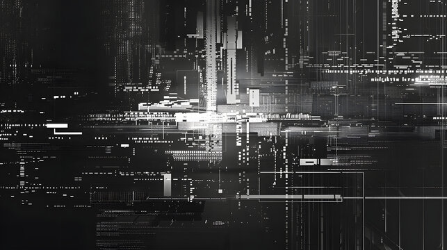code glitch effect screen in grayscale, front view, flat