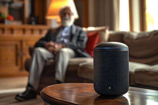 Close-up of a wireless speaker in front of an elderly man sitting on a sofa - representing the integration of smart home technology for senior citizens.
