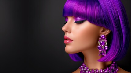 Fototapeta premium A woman with purple hair and purple earrings. She is wearing a necklace with purple beads