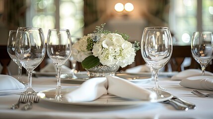Fine dining table setup with white tablecloth, polished silverware, and wine glasses, romantic and sophisticated