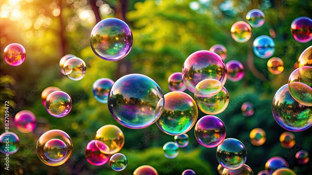 Poster Colorful soap bubbles floating in the air, rainbow, light,fragile, shimmering, playful, children, beauty, delicate