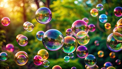 Colorful soap bubbles floating in the air, rainbow, light,fragile, shimmering, playful, children, beauty, delicate