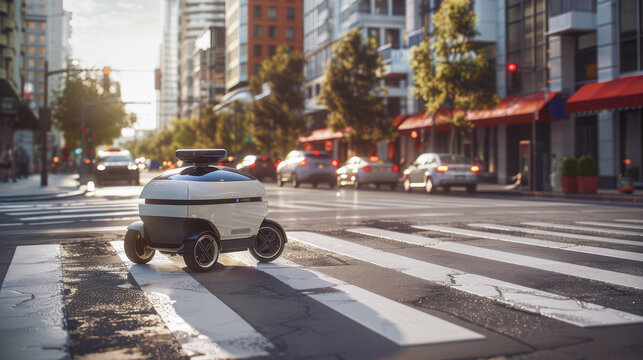 An autonomous delivery robot crosses a city street, representing the future of urban delivery services