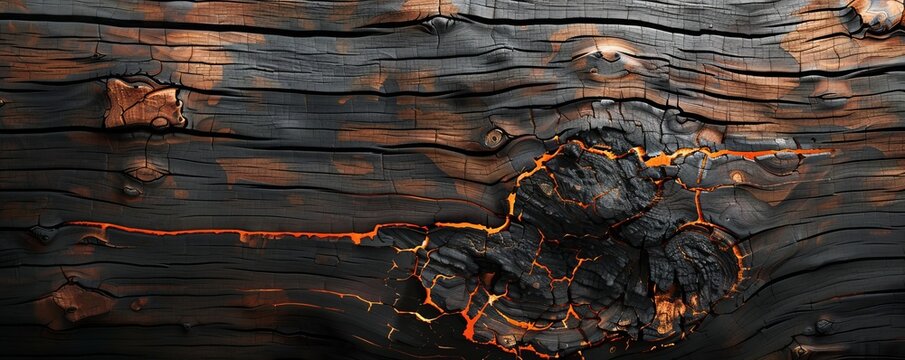 Scorched wood texture with burnt patterns, 4K hyperrealistic photo - Powered by Adobe
