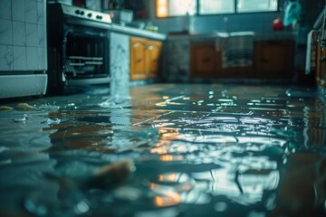 Close-up photo of flooded kitchen floor from water leak in broken dishwasher.