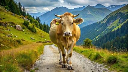 Cow with yellow ear tags walking on mountain dirt path, cow, yellow, ear tags, walking, mountain, dirt path