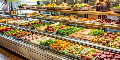 Deli food display at a market counter , deli, food, display, market, counter, fresh, gourmet, assortment, variety