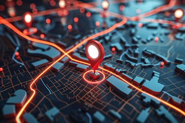 Close-up of a road map with red navigation icons showing various locations and points of interest.