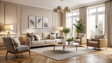 Fototapeta premium Cozy beige living room with stylish chairs and sofa, room, interior, beige, chair, sofa, cozy, stylish, furniture, decor