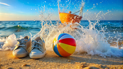 Obraz premium Sparkling water splashes surround a tiny pair of water shoes and a bright beach ball, capturing the joy of a father-baby playtime in the ocean.