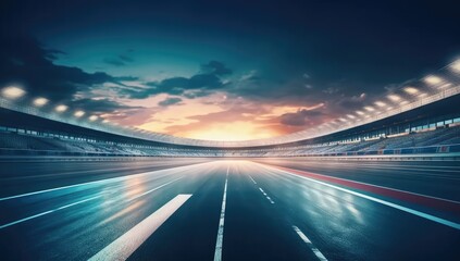 Obraz premium Racing Car Track with Finish Line and Stands Under Night Sky with Clouds Cinematic View