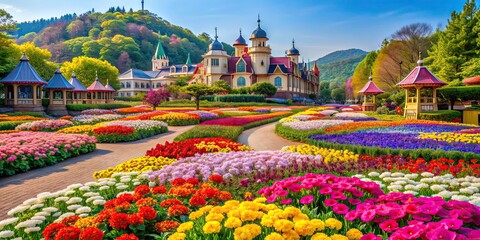 Colorful flowers blooming in Everland theme park, South Korea, flowers, Everland, South Korea, theme park, colorful, blooming