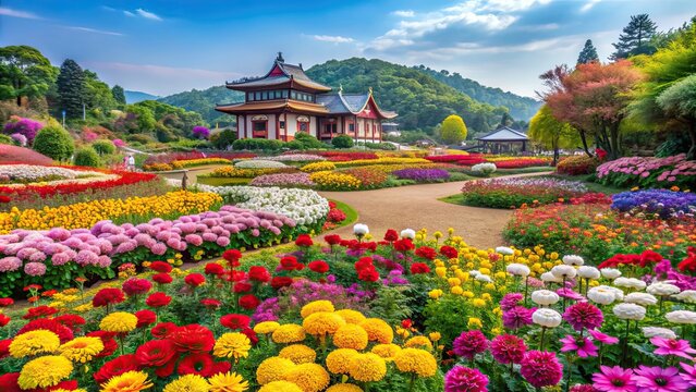 Colorful flowers blooming in the picturesque gardens of Everland, South Korea, Flowers, blooming, colorful, garden